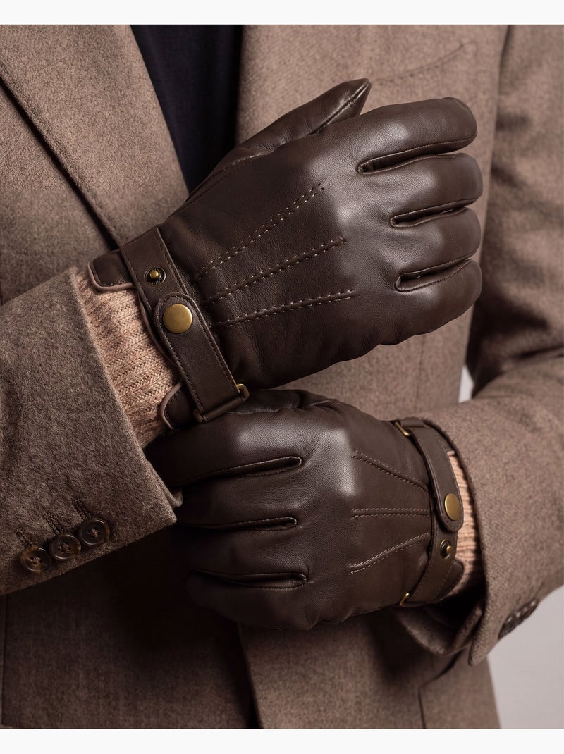 Gants tactiles, en cuir d'agneau pleine fleur, doublés polaire homme Marron - Kiabi