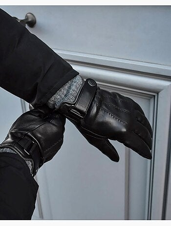 Gants tactiles, en cuir d'agneau pleine fleur, doublés polaire homme