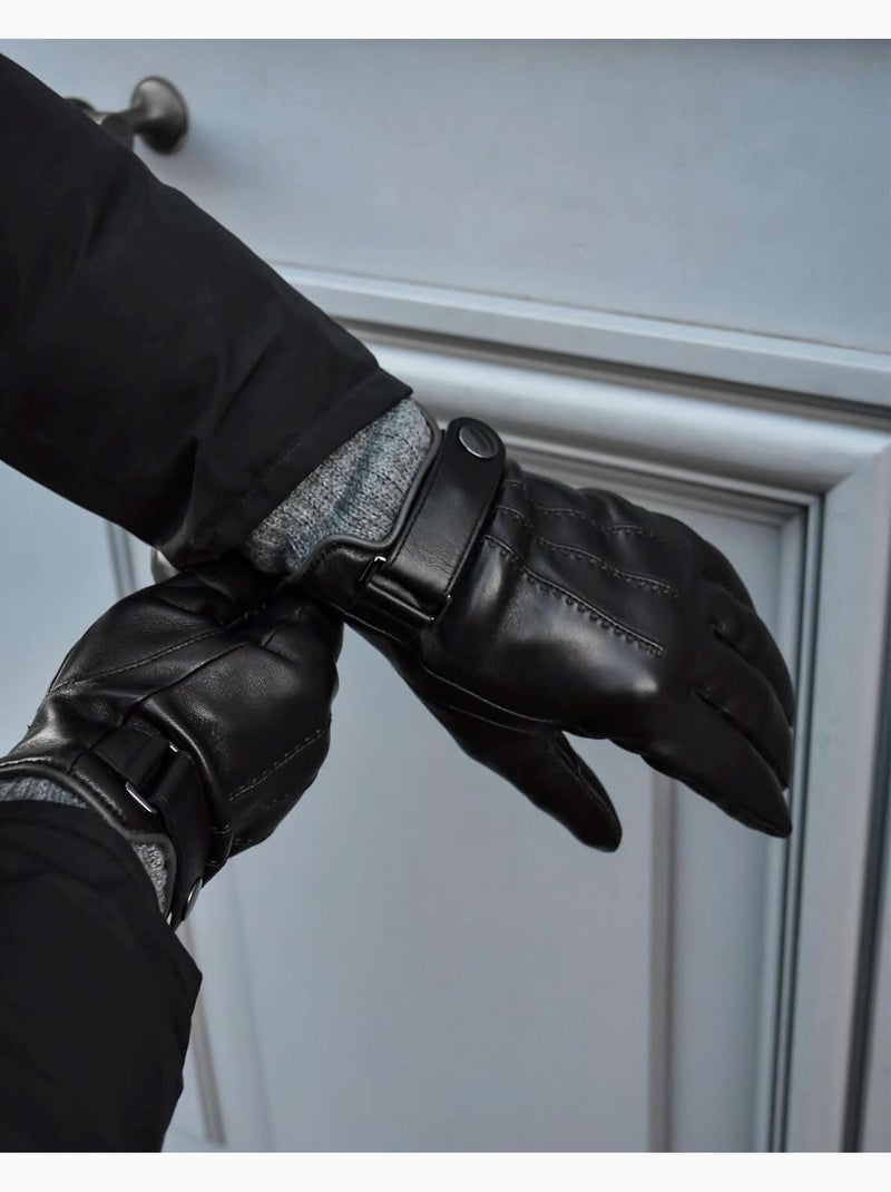 Gants tactiles, en cuir d'agneau pleine fleur, doublés polaire homme Noir - Kiabi