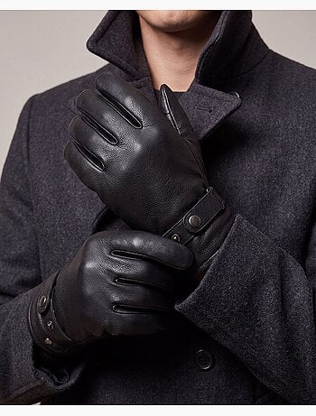 Gants tactiles, en cuir de chèvre, doublé imitation micro-fourrure homme