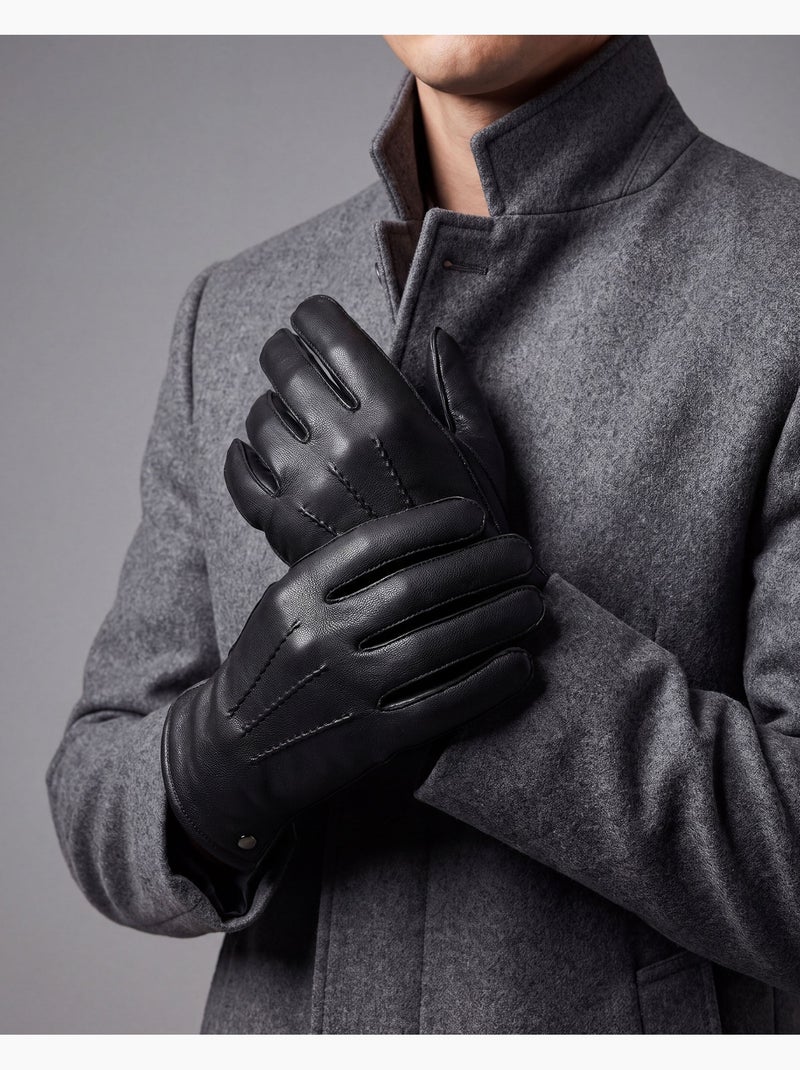 Gants tactiles, en cuir de chèvre, doublé imitation micro-fourrure homme Noir - Kiabi