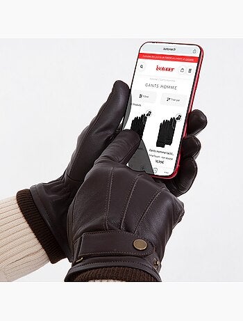 Gants Tactiles en cuir de chèvre pleine fleur - doublés polaire homme Isotoner