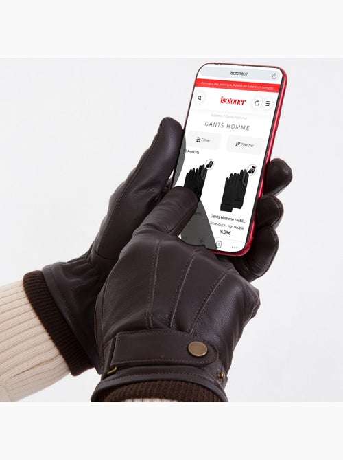 Gants Tactiles en cuir de chèvre pleine fleur - doublés polaire homme Isotoner - Kiabi