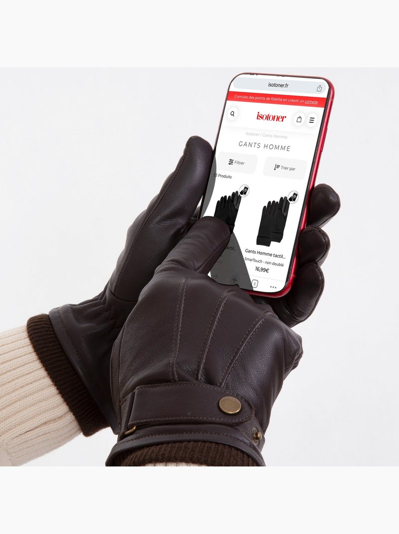 Gants Tactiles en cuir de chèvre pleine fleur - doublés polaire homme Isotoner Marron - Kiabi