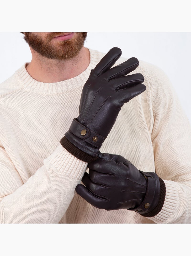 Gants Tactiles en cuir de chèvre pleine fleur - doublés polaire homme Isotoner Marron - Kiabi