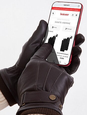 Gants tactiles en cuir de chèvre pleine fleur - doublés polaire homme Isotoner