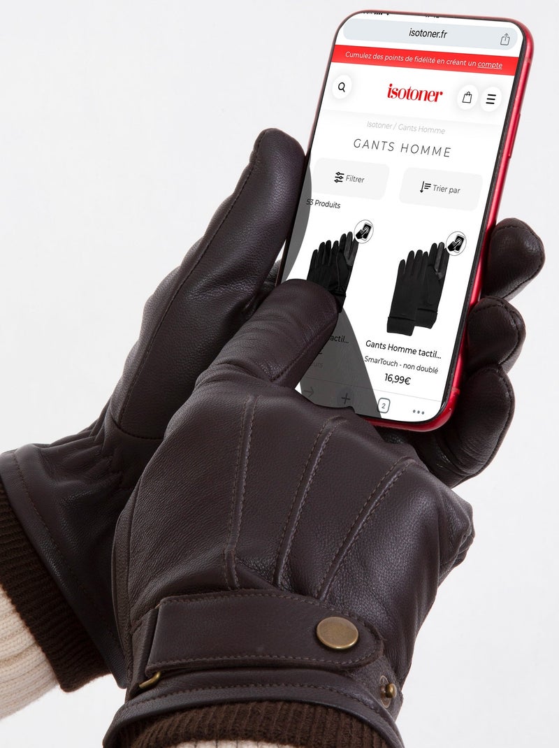 Gants Tactiles en cuir de chèvre pleine fleur - doublés polaire homme Isotoner Noir - Kiabi