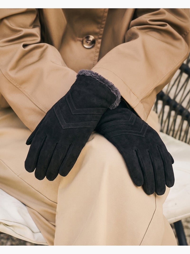 Gants tactiles en cuir de chèvre velours - doublés micro fausse femme Noir - Kiabi