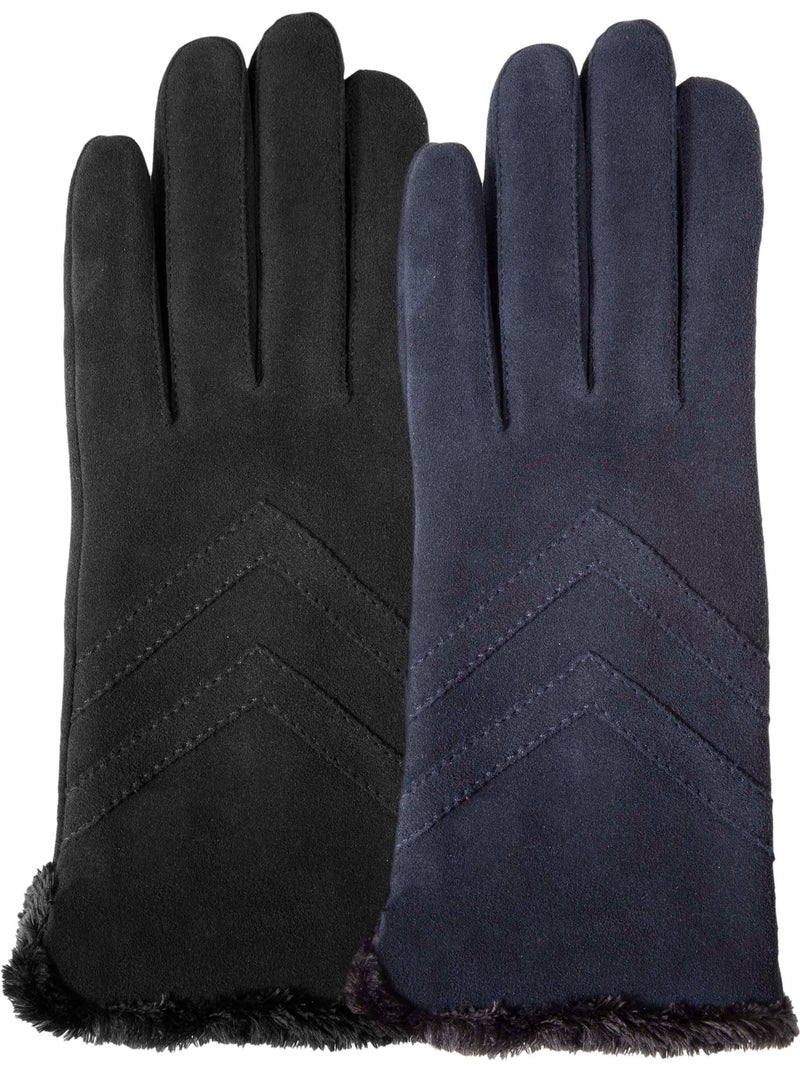 Gants tactiles en cuir de chèvre velours - doublés micro fausse femme Noir - Kiabi