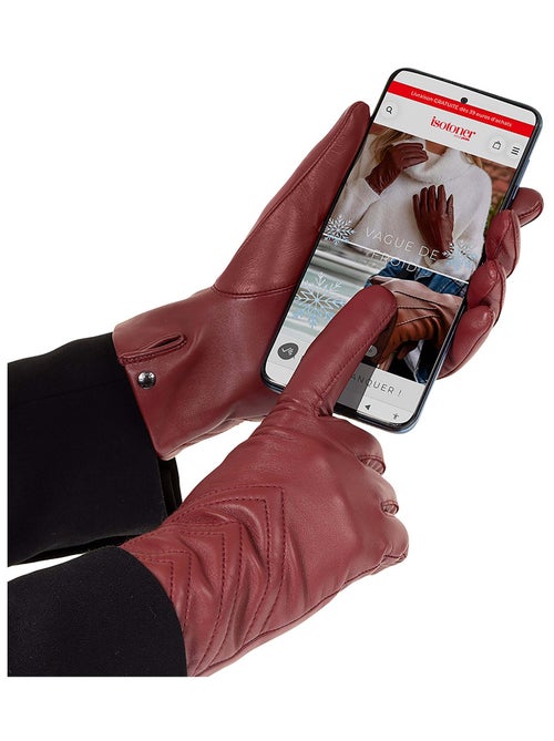 Gants tactiles en cuir de chèvre velours - doublés micro fausse fourrure femme Isotoner - Kiabi