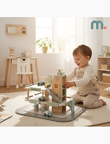 Garage Bois Enfants 3 niveaux avec Voitures, Hélicoptère et Accessoires Parking – Mamabrum