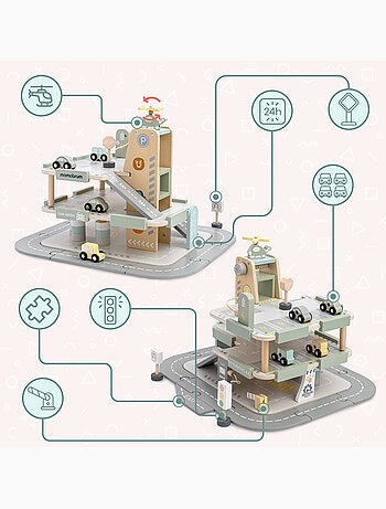 Garage Bois Enfants 3 niveaux avec Voitures, Hélicoptère et Accessoires Parking – Mamabrum