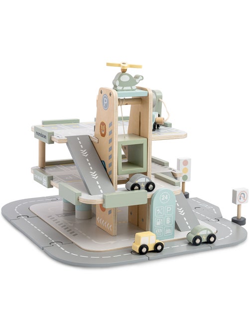 Garage Bois Enfants 3 niveaux avec Voitures, Hélicoptère et Accessoires Parking – Mamabrum - Kiabi