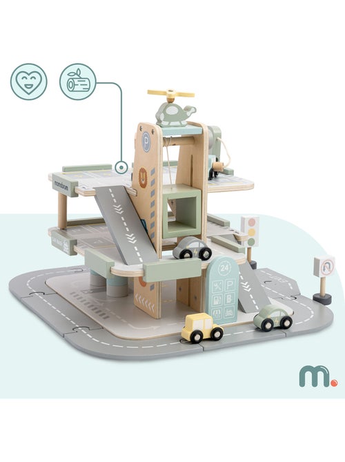 Garage Bois Enfants 3 niveaux avec Voitures, Hélicoptère et Accessoires Parking – Mamabrum - Kiabi