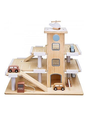 Garage Enfant en Bois – Parking avec Piste d'Atterrissage 4 Voitures 1 Hélicoptère 1 Pompe à Essence