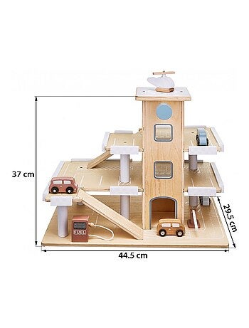 Garage Enfant en Bois – Parking avec Piste d'Atterrissage 4 Voitures 1 Hélicoptère 1 Pompe à Essence