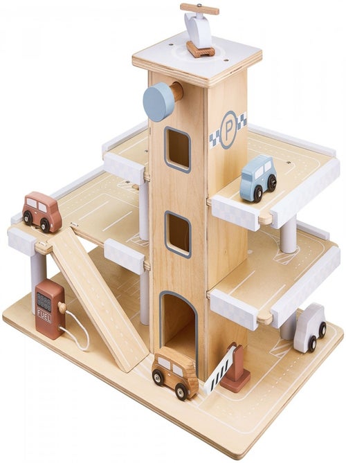 Garage Enfant en Bois – Parking avec Piste d'Atterrissage 4 Voitures 1 Hélicoptère 1 Pompe à Essence - Kiabi