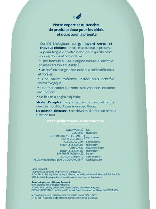 Gel lavant corps et cheveux certifié biologique 500ml biolane - Kiabi Gel lavant corps et cheveux certifié biologique 500ml biolane - Kiabi