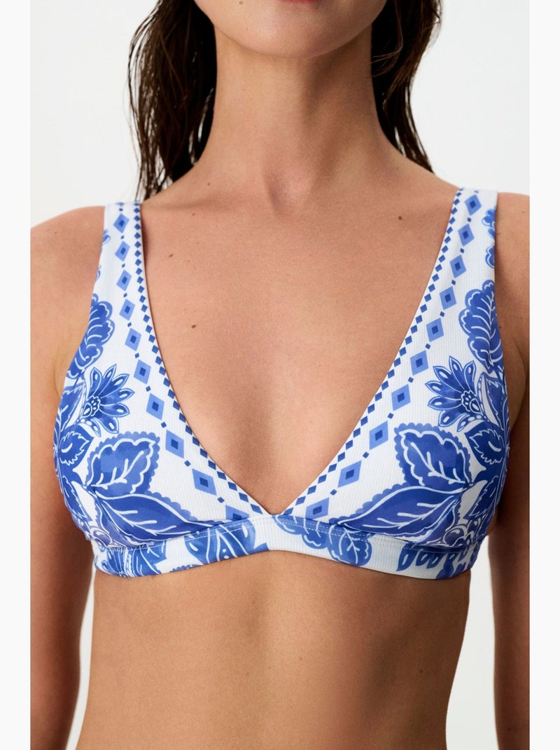 Giana haut de bikini à col v plongeant et motif floral penti Blanc Bleu - Kiabi