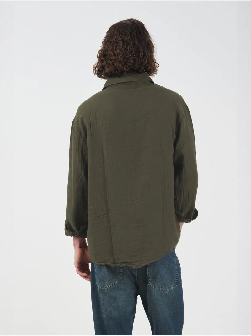 Giesto chemise en coton à manches longues coupe décontractée Vert olive - Kiabi