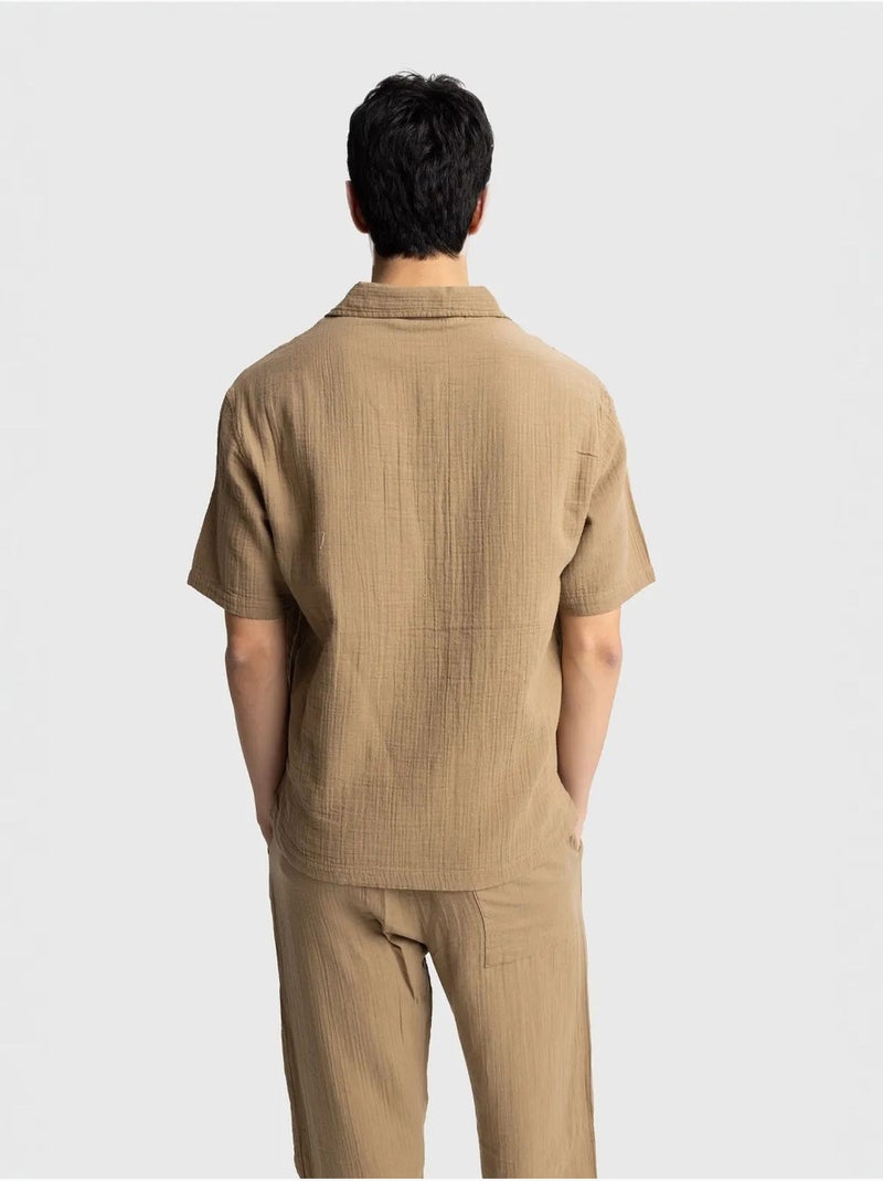 Giesto chemise homme en coton à manches courtes coupe décontractée Camel - Kiabi