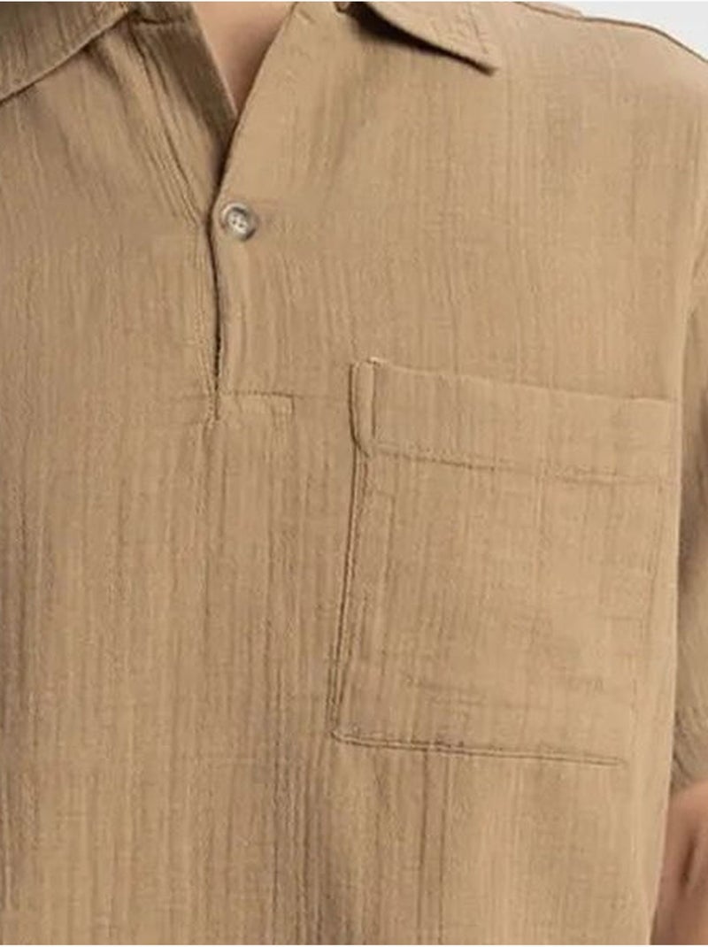 Giesto chemise homme en coton à manches courtes coupe décontractée Camel - Kiabi