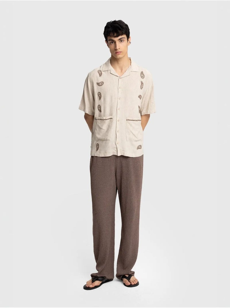 Giesto chemise homme en popeline de coton brodée à manches courtes Beige naturel - Kiabi