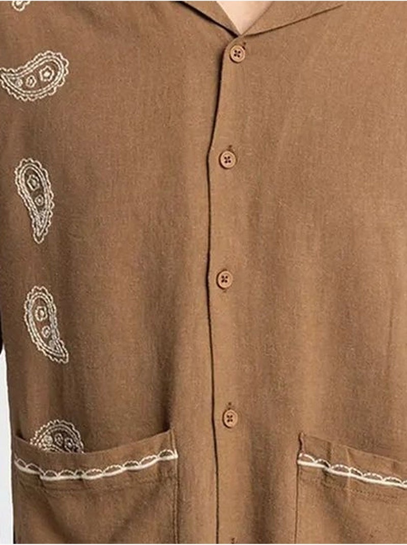 Giesto chemise homme en popeline de coton brodée à manches courtes Camel - Kiabi