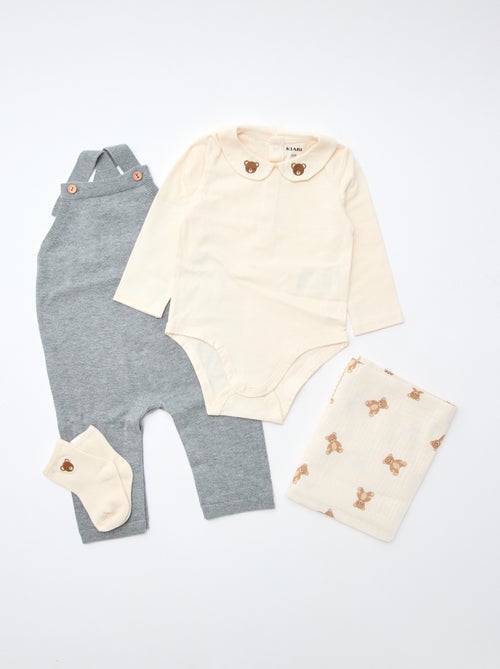 GIFTBOX salopette longue en tricot + body + lange double gaze + chaussettes - Kiabi
