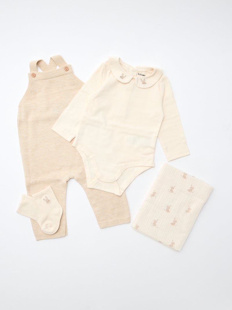 GIFTBOX salopette longue en tricot + body + lange double gaze + chaussettes Blanc - Kiabi