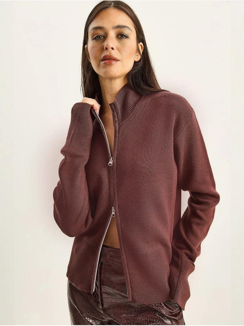 Gilet à col roulé mi-long en maille côtelée avec fermeture éclair lucci Rouge bordeaux - Kiabi