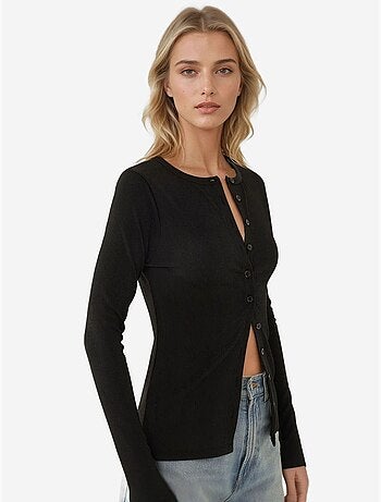 Gilet à manches longues en maille côtelée, col rond et boutons sur le devant