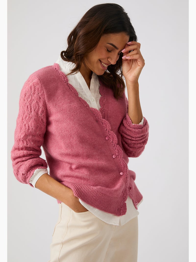Gilet ajouré, finition effet crochet mélange laine et alpaga - Damart Rose - Kiabi