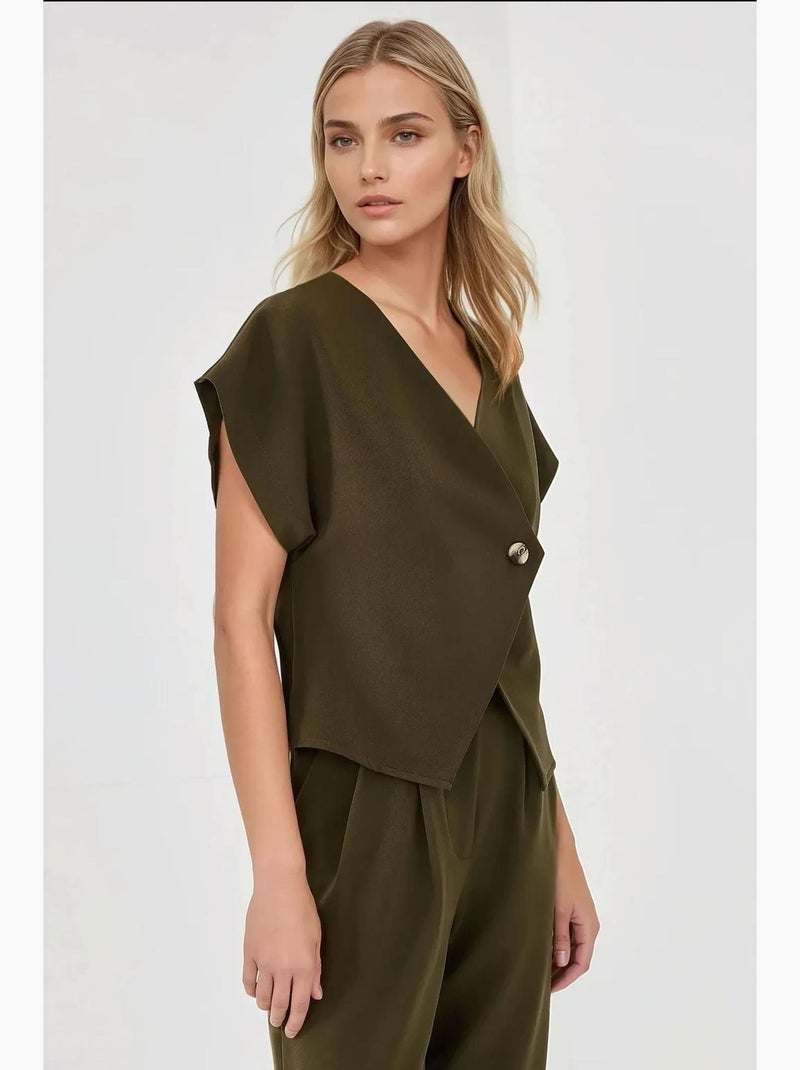 Gilet ajusté à col en v hiccup Kaki - Kiabi