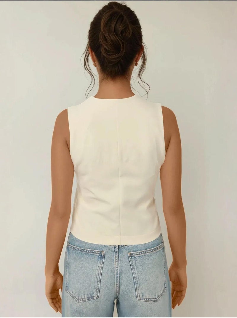 Gilet ajusté à col ras du cou avec détails boutonnés Ivoire - Kiabi