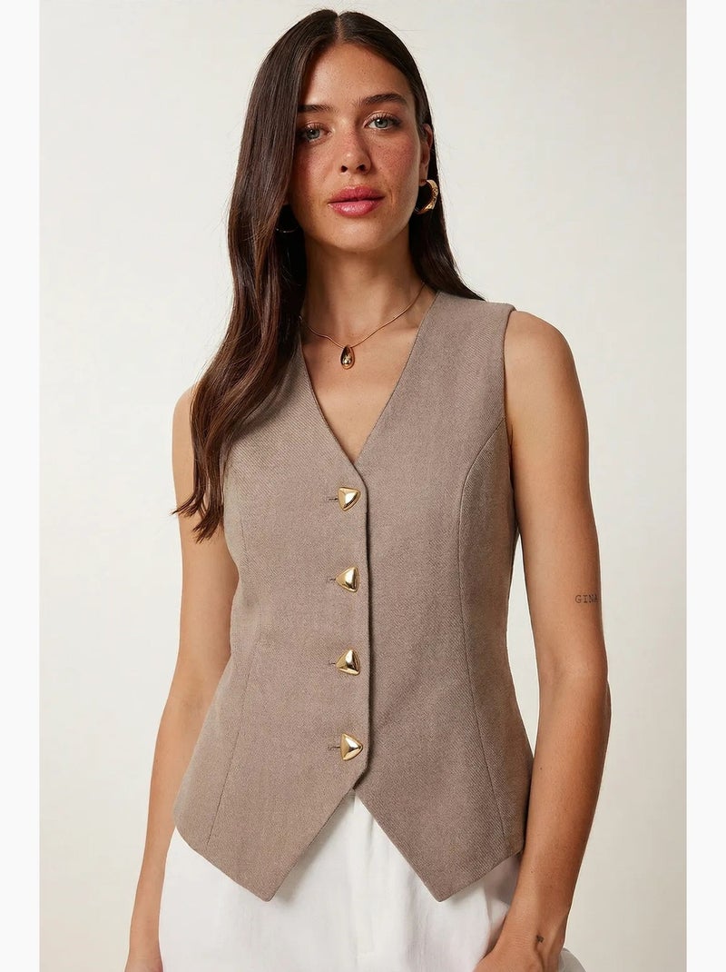 Gilet ajusté en crêpe à boutons istanbul Taupe - Kiabi