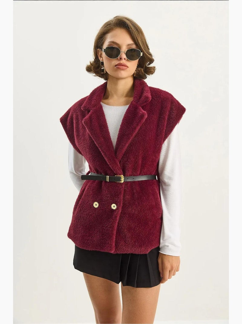 Gilet ajusté en tricot pelucheux avec col chemise lucci Rouge cachemire - Kiabi