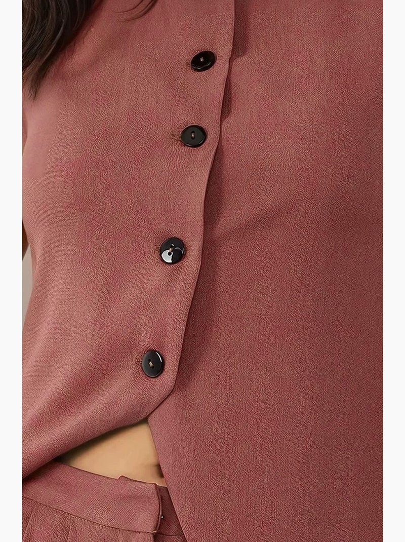 Gilet ajusté texturé à col ras du cou avec boutons hiccup Terracotta - Kiabi