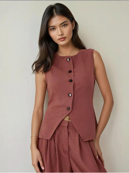 Gilet ajusté texturé à col ras du cou avec boutons - Kiabi