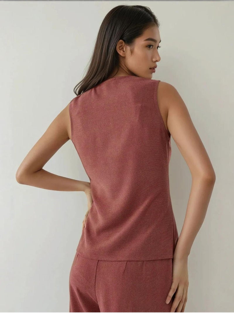 Gilet ajusté texturé à col ras du cou avec boutons Terracotta - Kiabi