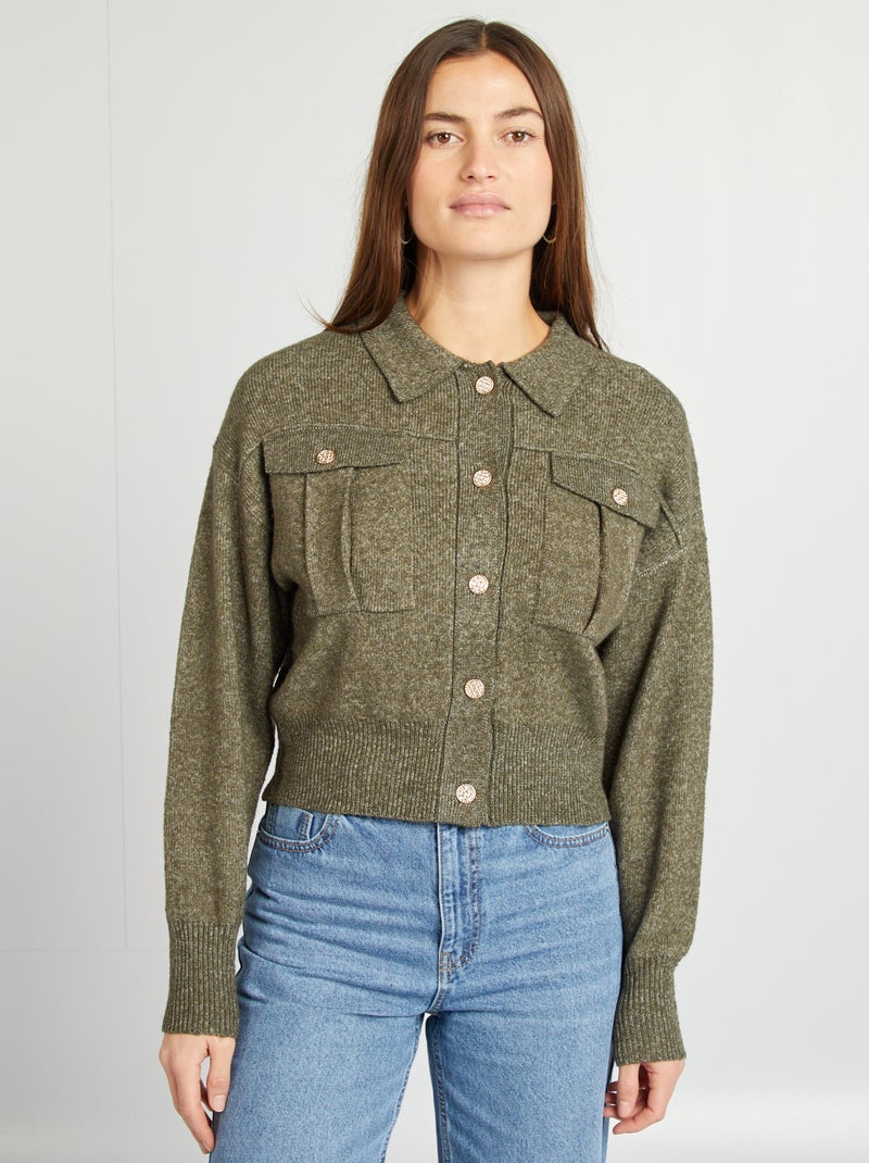 Gilet avec boutons fantaisies Kaki - Kiabi