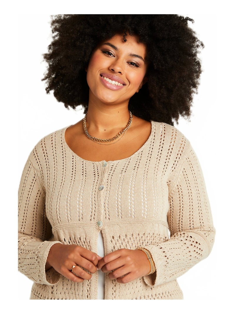 Gilet boléro court boutonné ajouré Beige - Kiabi