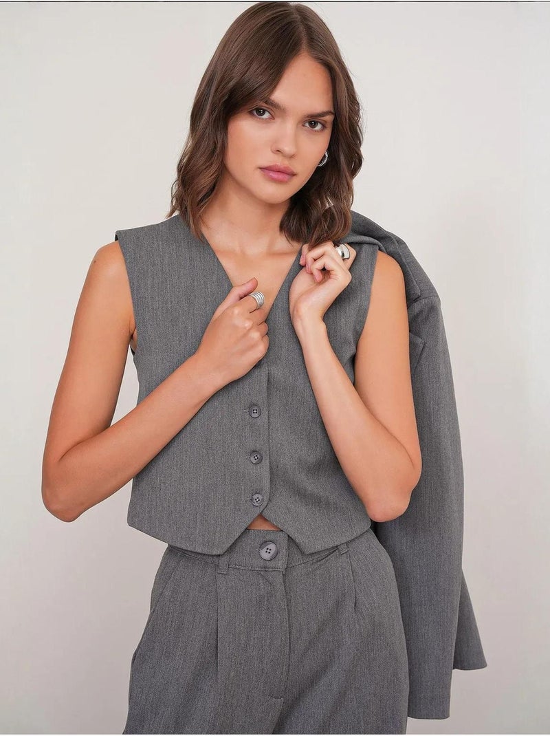 Gilet boutonné à col en v mixray Gris foncé - Kiabi
