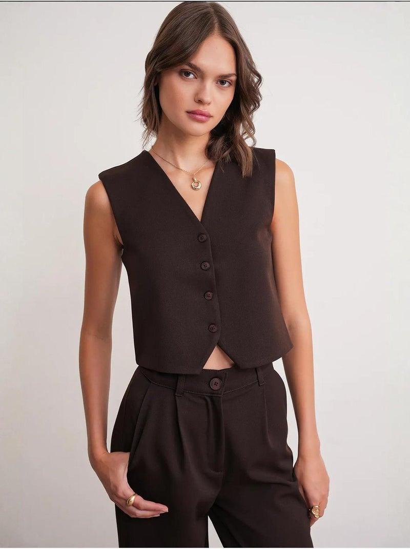 Gilet boutonné à col en v mixray Marron foncé - Kiabi