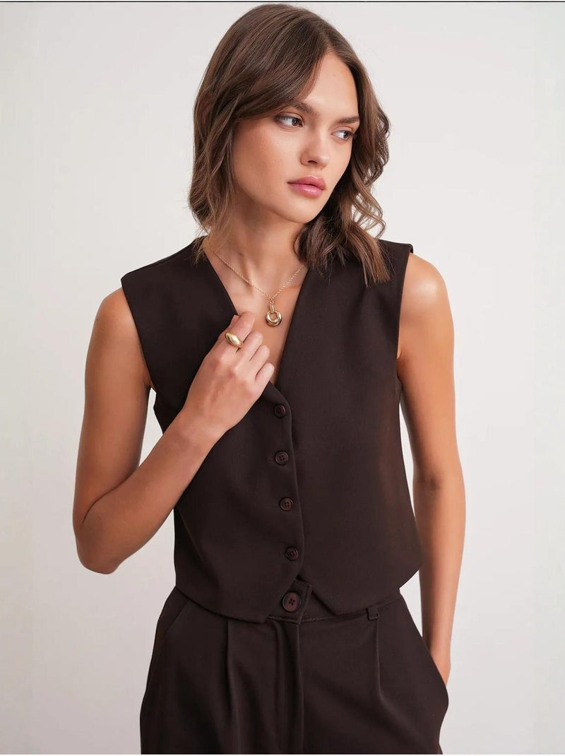 Gilet boutonné à col en v mixray Marron foncé - Kiabi