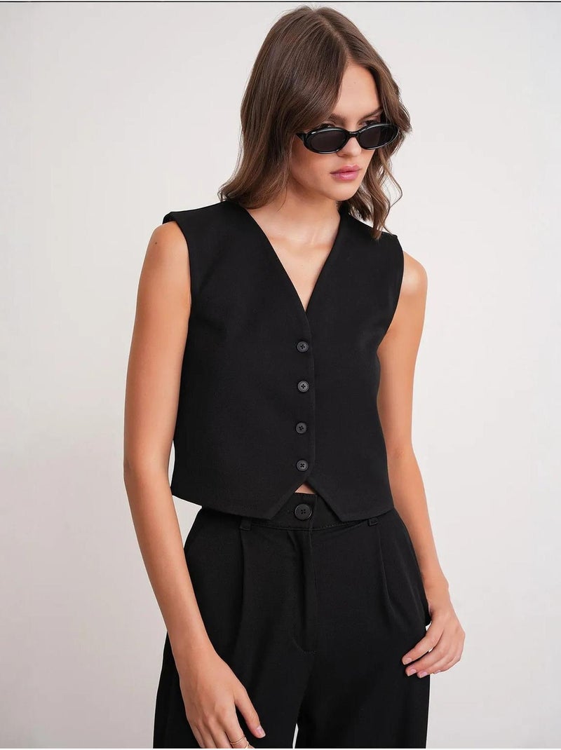 Gilet boutonné à col en v mixray Noir - Kiabi
