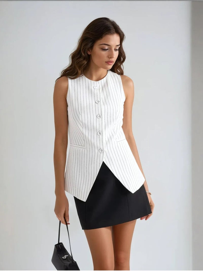 Gilet boutonné à col rond rayé Blanc - Kiabi