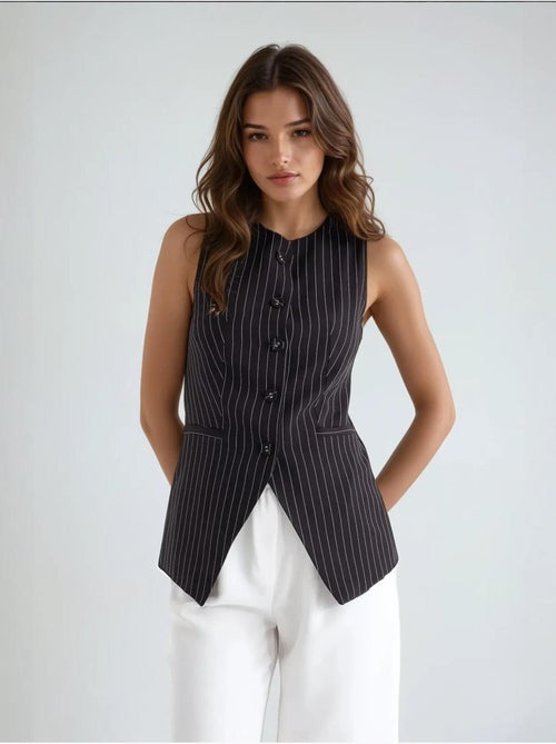 Gilet boutonné à col rond rayé - Kiabi
