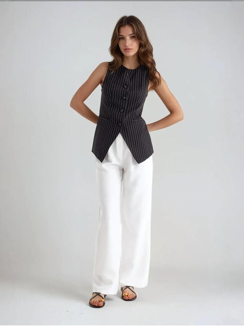 Gilet boutonné à col rond rayé - Kiabi