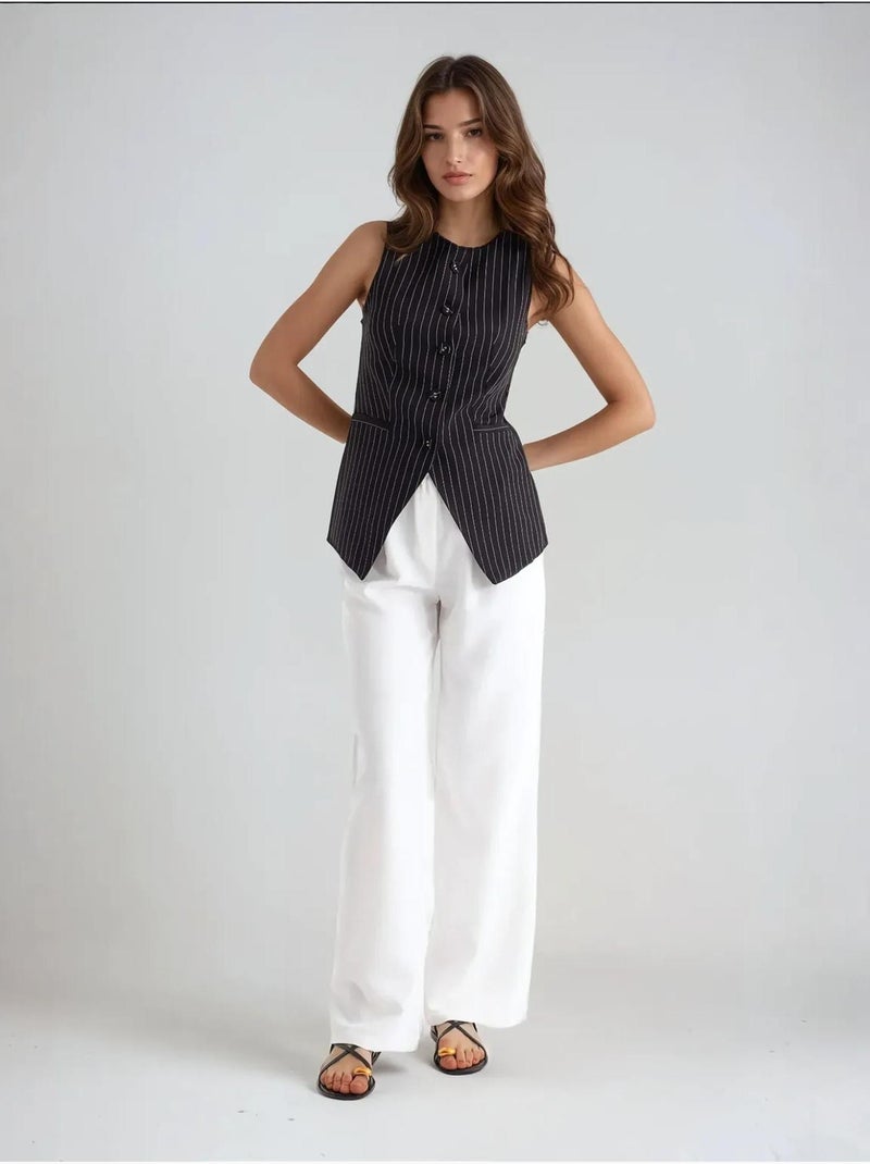 Gilet boutonné à col rond rayé Noir - Kiabi